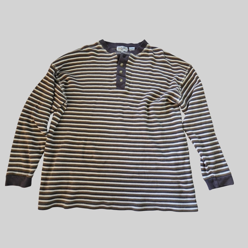 Northern Spirit Mens Large Brown Striped Waffle Knit Thermal Henley Shirt L/G